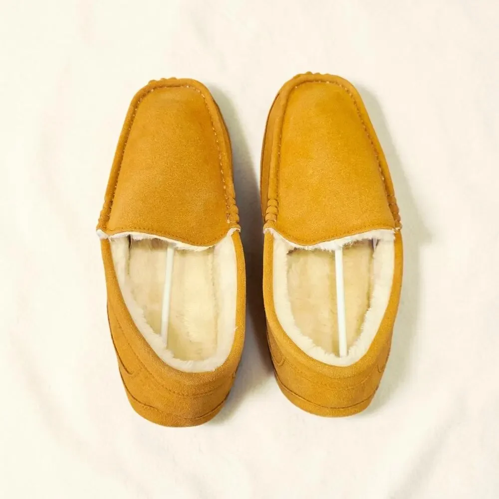 Cuiapl Mens Moccasin Slippers Tan Brown Suede Warm Fur Lined House Loafers Size